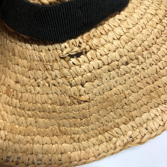 J Crew Wide-Brim Packable Straw Hat Beige Black Band Raffia M/L FLAW - Picture 6 of 8